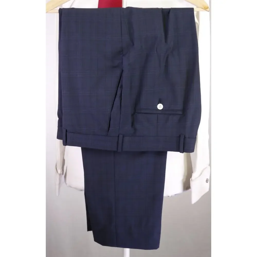 Peter Millar Navy Blue Black Plaid Check Black Double Breasted Wool Suit 44R